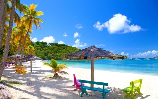 colorful benches at beach on water island us virgin islands