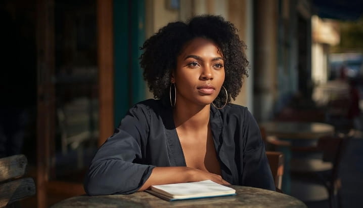 woman sitting at table with notebook on table
