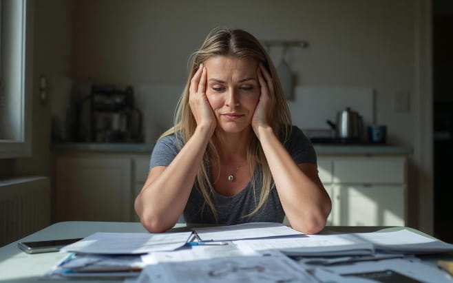 woman in difficult marriage sitting stressed at kitchen table with notebooks in front of ther