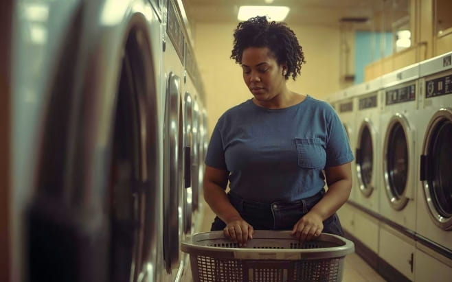 woman walking in aisle in laundromat holding basket
