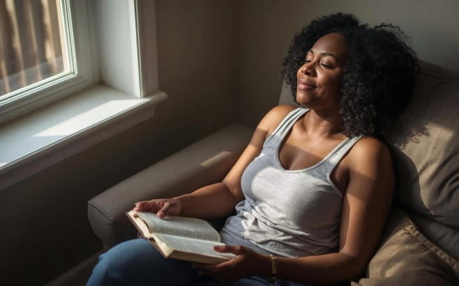 woman sitting next to window smiling with open Bible in lap