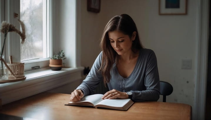 woman sitting at kitchen near a window looking down at Bible