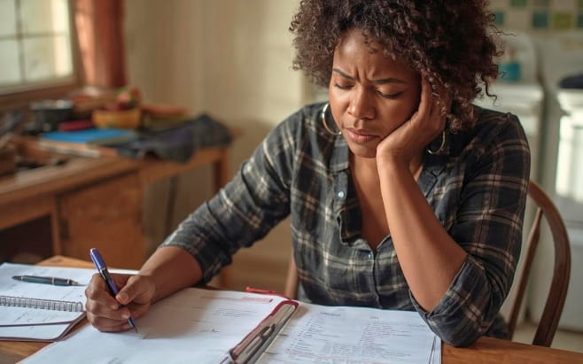woman sitting at kitchen table writing in notebook, stressed out with head in hand