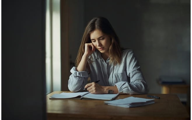 woman in difficult marriage sitting at kitchen table with pen in hand pausing in thoughts