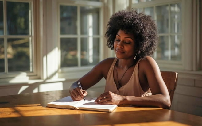 woman sitting at kitchen table smiling writing in journal as sunlight reflects on her