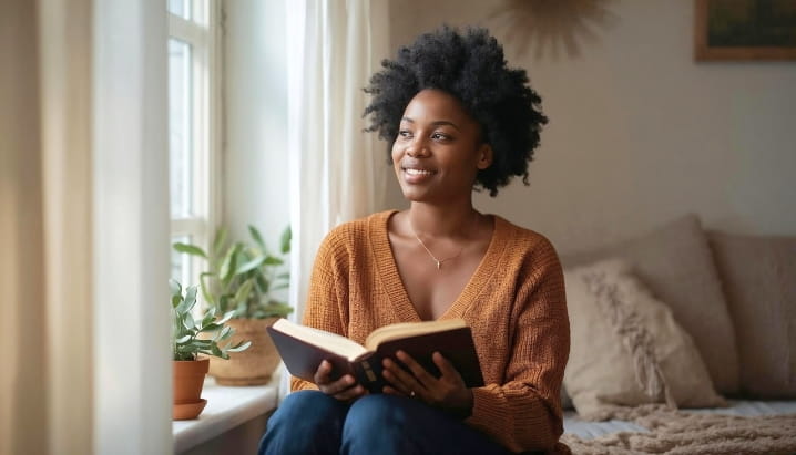 woman sitting by window smiling holding a Bible in her lap (1)