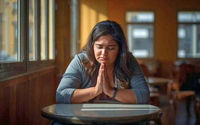 woman sitting in cafe praying