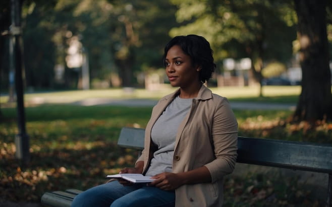 woman sitting on bench in park with journal on her lap