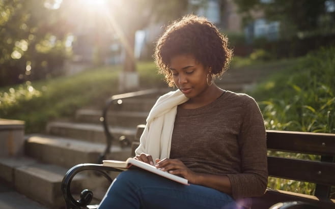 woman sitting on bench outdoor reading Bible with sunlight reflect