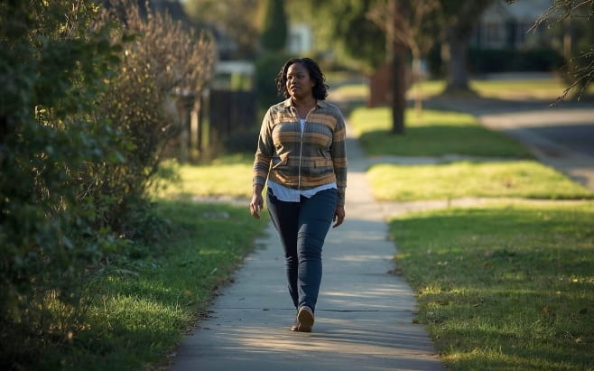 woman walking on sidewalk in neighborhood