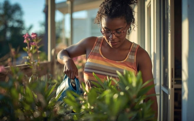 woman watering plants on outdoor balcony