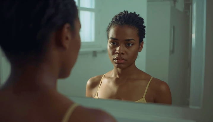 African American woman looking at herself in the bathromm mirror