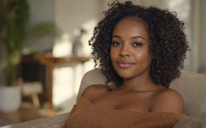 african american woman sitting on couch smiling with peace