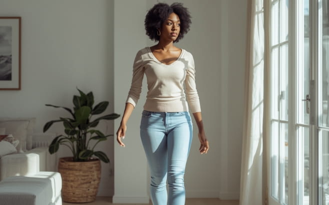 african american woman walking in her living room