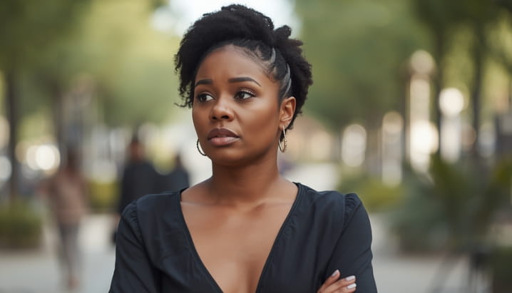 woman standing at park with concerned look