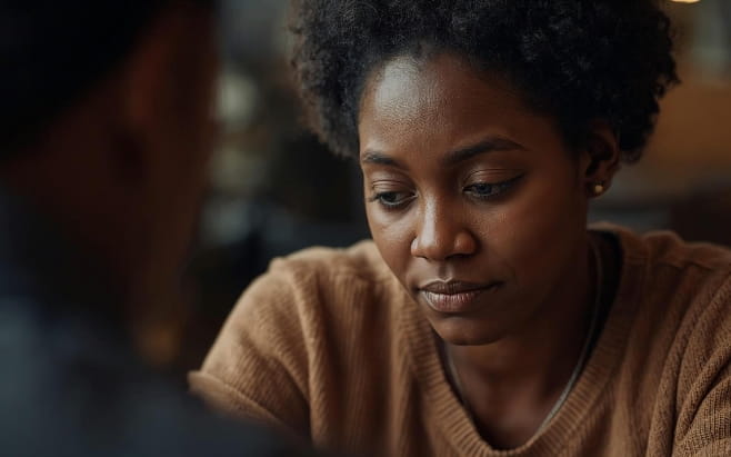 woman sitting at table with person across