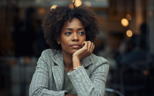 african american woman sitting in cafe staring out the window