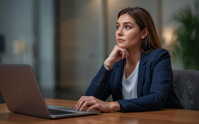 woman sitting at office desk thinking