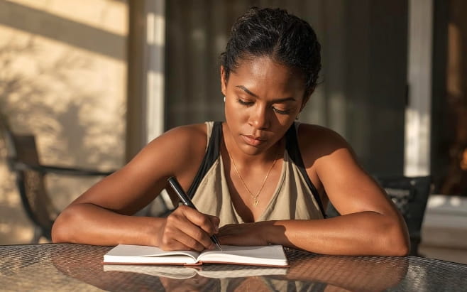 woman sitting outside at patio table writing on notebook