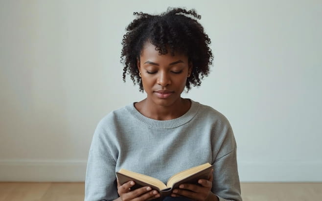 african american woman sitting in quiet place with eyes closed holding a Bible