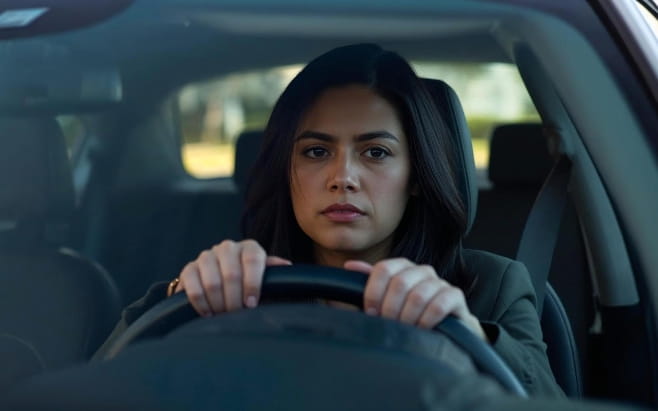 woman sitting in car with hands on the wheel