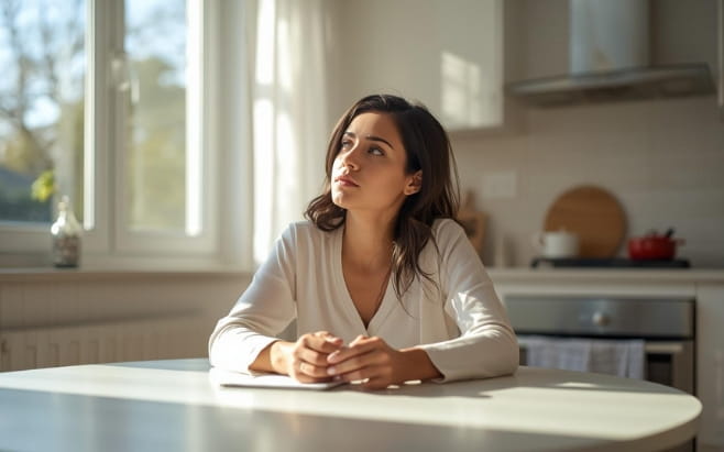 woman sitting at dining table looking up with confusion