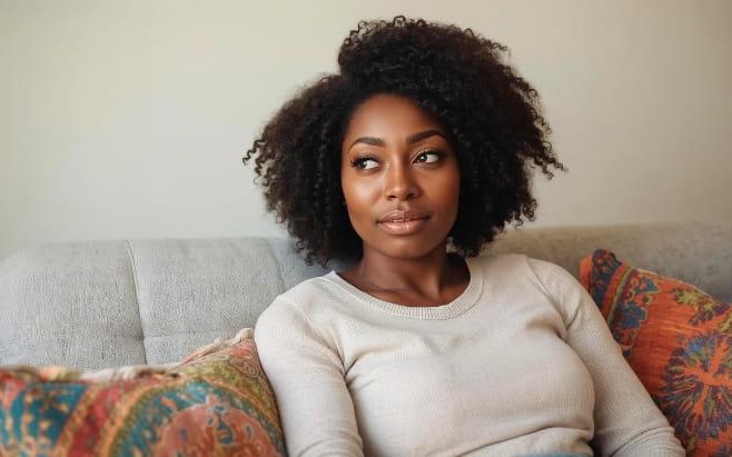 african american woman sitting on a couch with pilllows, smiling