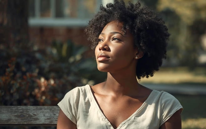 african american woman sitting on garden bench looking up with peaceful face