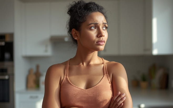 woman standing in kitchen with hands folded with worried look