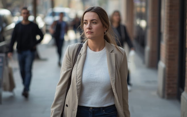 woman walking on city sidewalk