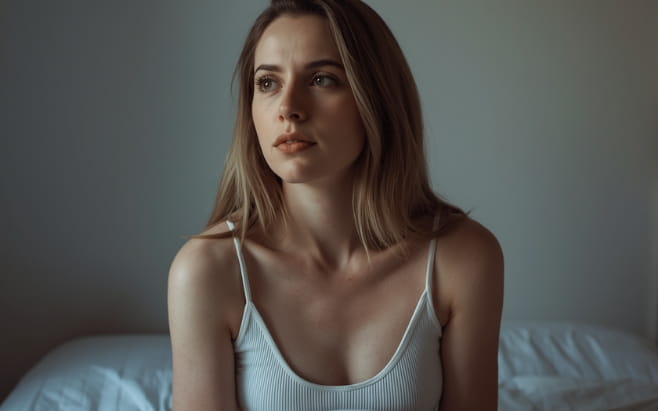 woman sitting upright in bed