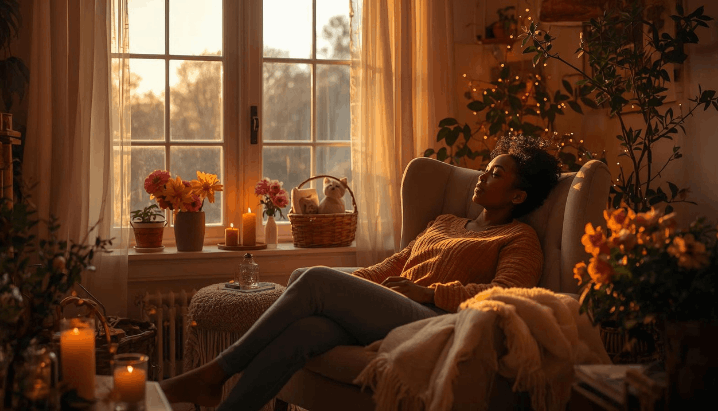 woman sitting in cozy room with candles next to a window with sunshine