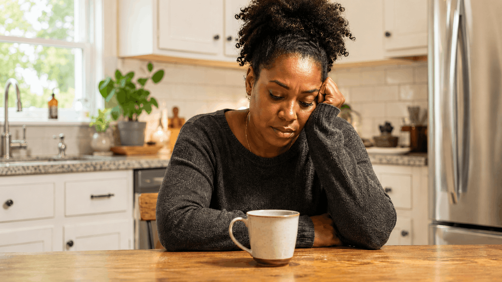 Black woman sitting at the kitchen table feeling sad