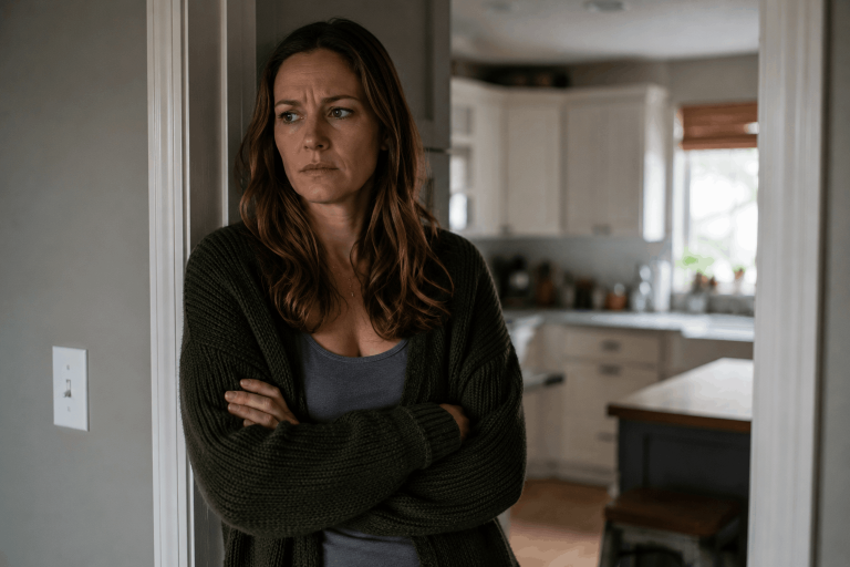 woman standing in hallway doorway looking concerned