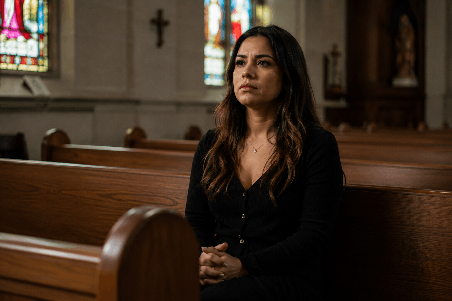 woman sitting alone in church pew