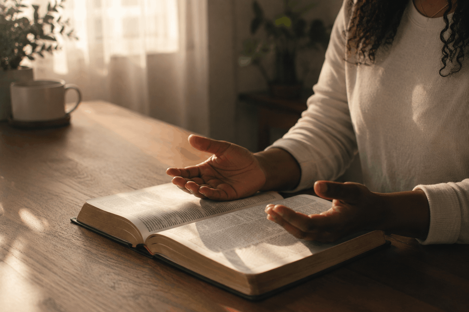 Black woman sitting with hands open over Bible