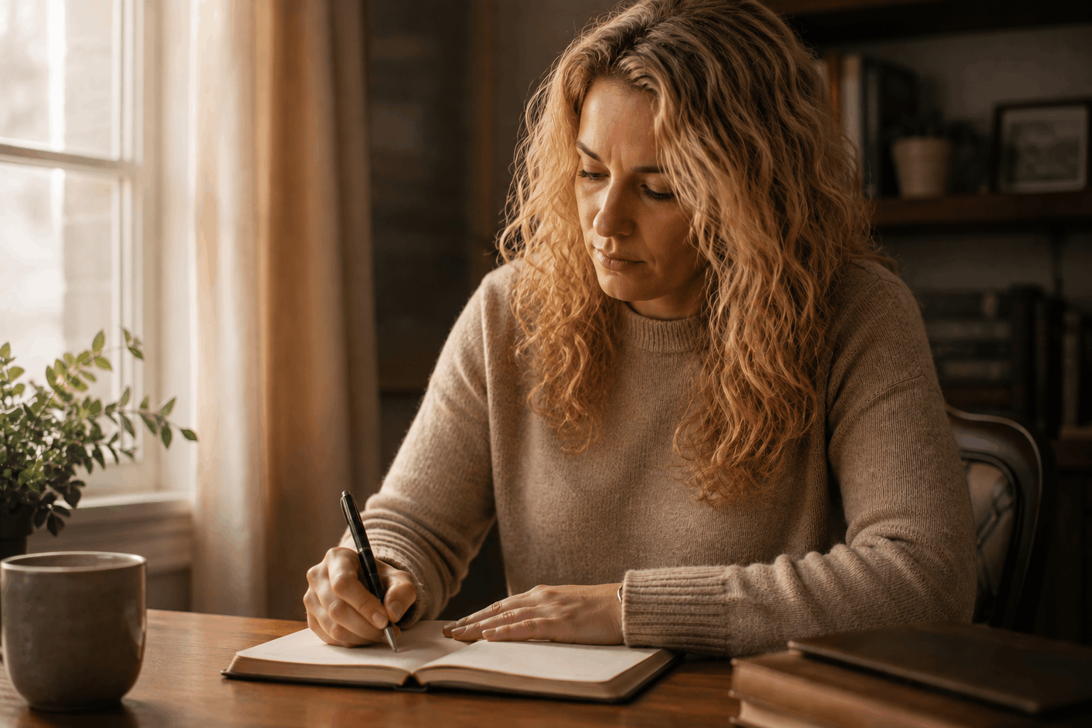 woman sitting at desk writing in journal book