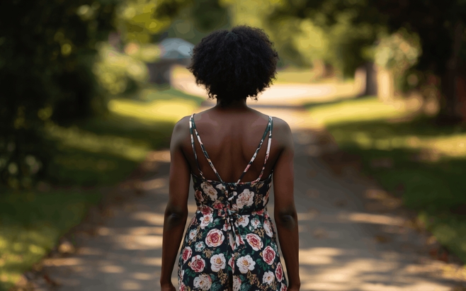 Black woman walking forward along a quiet sunlit path