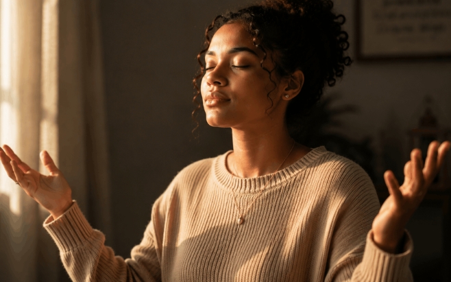 Black woman with eyes closed and arms open raised in worship