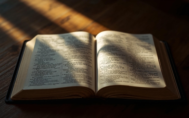 open Bible on wooden table