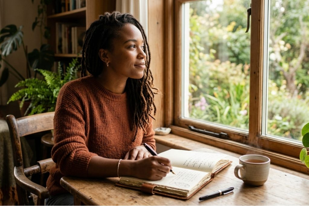 A Black woman journaling by a window, pen in hand