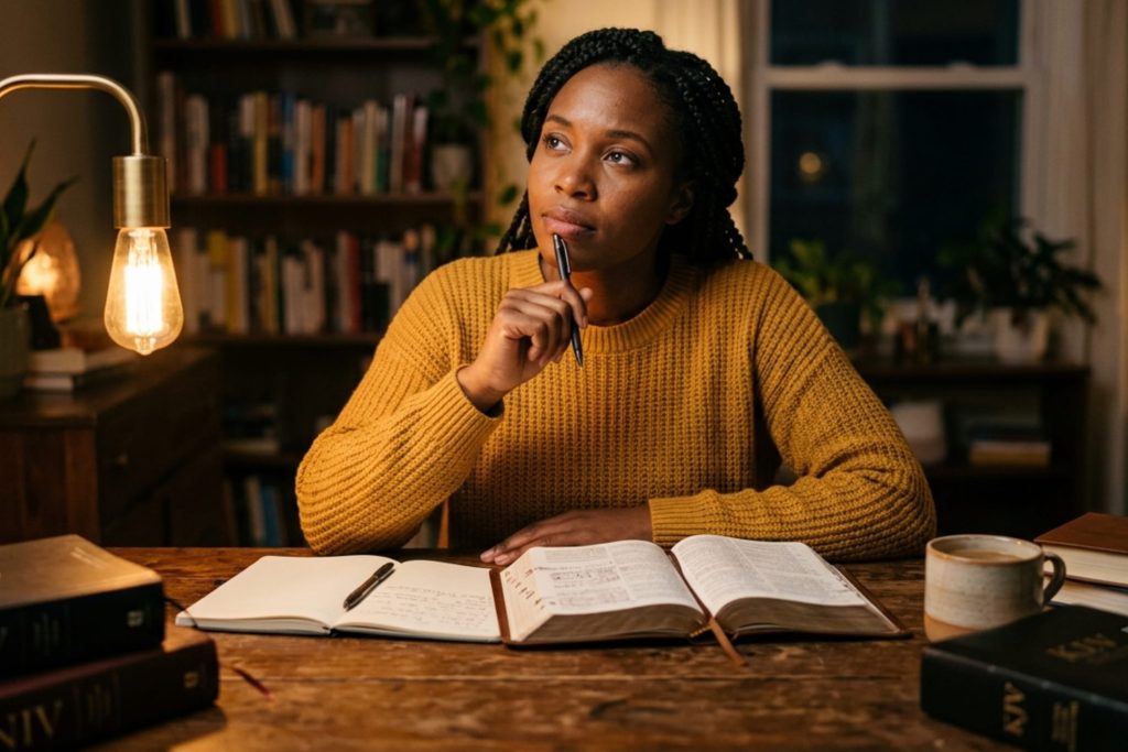 Black woman sitting at table with open Bible and notebook mid-thought with pen resting against her chin