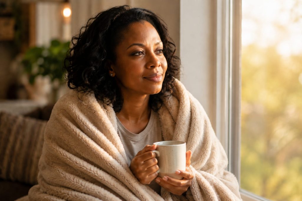 A Black woman wrapped in a soft blanket, sitting by a window
