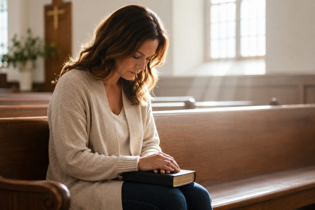 woman sitting in empty church pew with Bible in lap with eyes closed