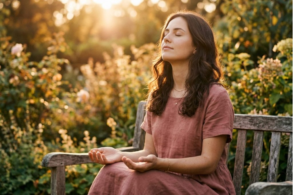 A woman with her eyes closed, head tilted slightly up, hands open in her lap as if praying