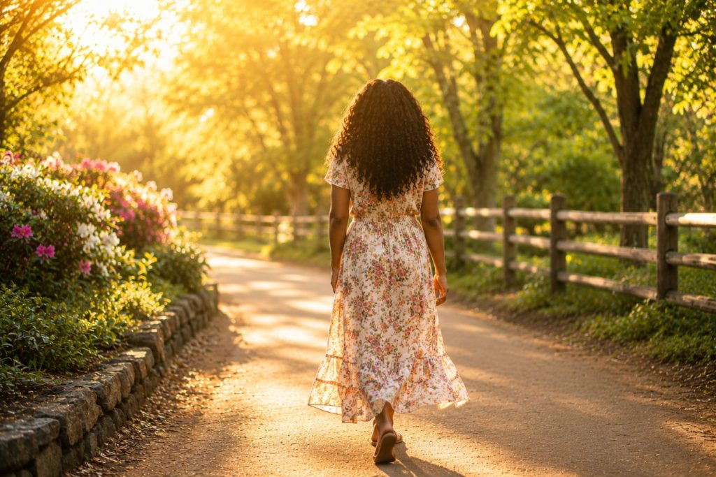 A Black woman walking away from camera down a sunlit path, calm and unhurried