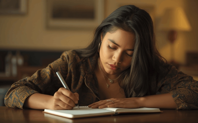 woman writing in notebook at a table