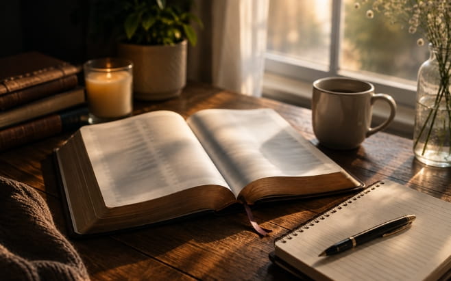open Bible on desk by window