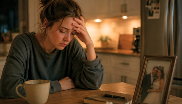 sad woman sitting at kitchen table