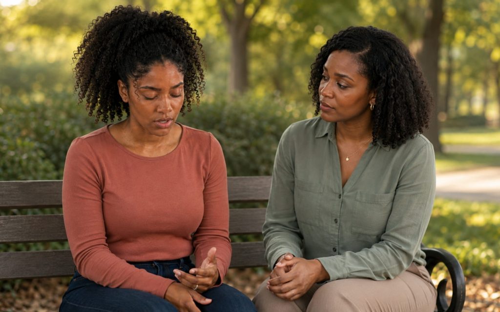 two women sitting and talking on park bench